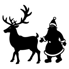 Black silhouette of santa claus and a reindeer standing together on a white background