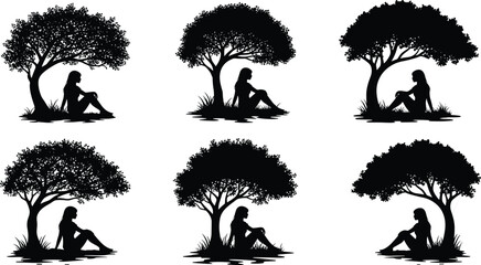 Person sitting under tree silhouette, nature contemplation pose, black figure illustration, peaceful outdoor design, solitude gesture art, relaxation concept
