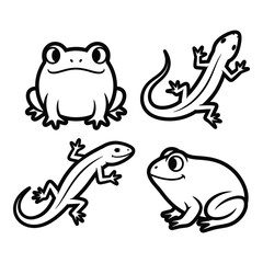 Outline vector art of four cute frogs and lizards for design projects