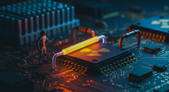 Miniature engineer examines glowing nuclear symbol on a computer chip, symbolizing technology and power.