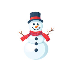 Whimsical snowman: A delightful snowman stands, embodying winter joy, adorned with a classic hat, vibrant scarf and twig arms, creating a scene of festive cheer.