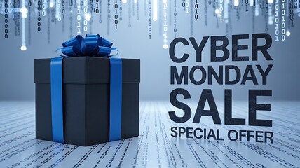 Cyber monday sale special offer with a dark gift box and blue ribbon on a wooden surface with digital light streaks background