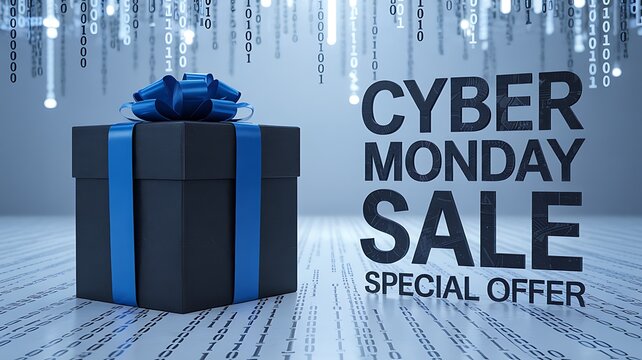 Cyber monday sale special offer with a dark gift box and blue ribbon on a wooden surface with digital light streaks background