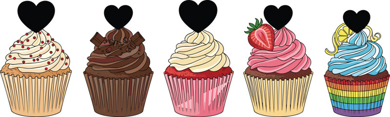 Colorful cupcake illustration, dessert vector art, sweet treat design, heart topper, frosting decoration, bakery clipart, festive food graphic