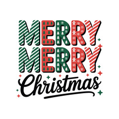 Merry merry Christmas typography poster, striped letters, script word, stars and snow accents, cheerful seasonal greeting design vector