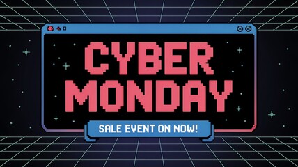 Retro cyber monday sale event on now with pixelated text displayed on a vintage computer screen with grid background