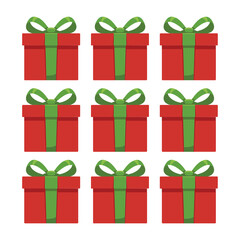 Gift boxes grid, nine red packages with green bows, repeat pattern element, holiday wrapping icons, cheerful seasonal vector