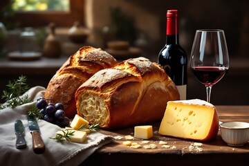 Bread Cheese Wine Still Life Delicious Food Meal Healthy Ingredients