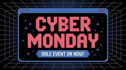 Digital cyber monday sale event on now displayed on a retro computer screen with glitchy pixelated text and a dark futuristic background