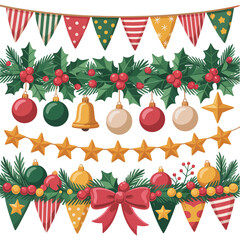 Holiday garland frames, ornaments and bells, fir branches, bunting flags, snow sprigs, decorative border mix, festive template vector