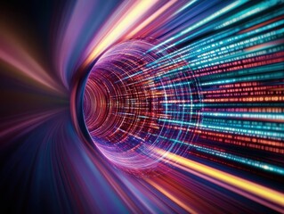 A vibrant digital tunnel of flowing data, showcasing colorful streams of binary codes and light, symbolizing technology and information flow.