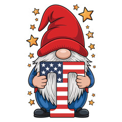 Festive patriotic gnome with alphabet T character, sparkling stars around, American flag colors, vector illustration, printable decor, isolated background
