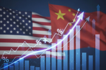 US-China Trade and Economic Competition Concept with Growth Chart on Flags Background