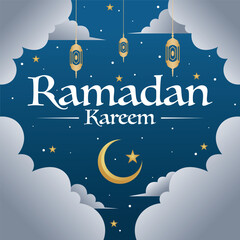 Lettering, Illustration Ramadan Kareem with Golden Crescent Moon and Lanterns Against  Serene Blue Night, Vector Calligraphy Design, Usable for Poster, Banners, Postcards, Wallpaper, Gifts etc.