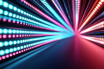 A vibrant display of colorful LED lights creating a dynamic, illuminated tunnel effect, emphasizing movement and energy.