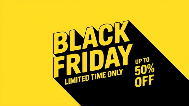 Bold black friday sale announcement with up to fifty percent off and limited time offer text on bright yellow background