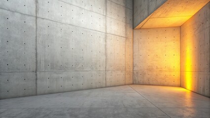 Modern concrete interior with dramatic orange light illuminating a corner