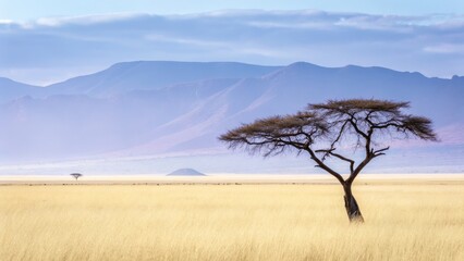 Serene african savannah landscape with acacia tree and distant mountains