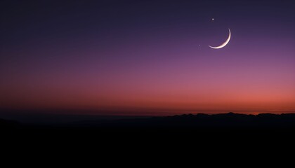 dramatic sunset landscape, crescent moon in night sky, silhouetted horizon, atmospheric sky gradient, digital art, cinematic, 8k