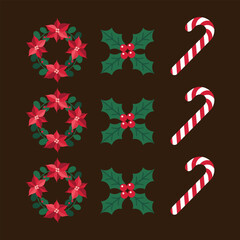 poinsettia and candy cane pattern, dark background, festive Christmas decoration, repeating holiday motif, retro vector illustration