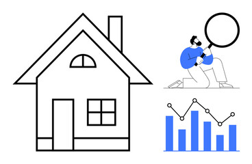 House outline with windows and chimney, person analyzing with magnifying glass, bar and line chart. Ideal for property valuation, real estate, inspections, growth, analytics, investment strategy