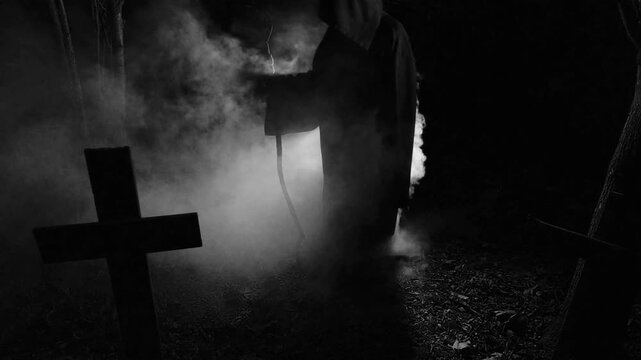 Classic grim reaper death in a cloak and holding a scythe with smoke or mysterious fog and backlighting in a cemetery graveyard. Edited in slow motion black and white.