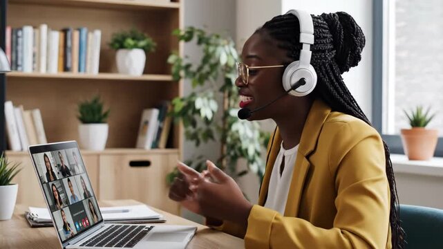 Online Meeting at Home - A businesswoman wearing headphones is using her computer to attend an online group video conference meeting while working from home.
