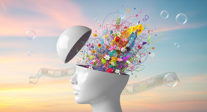 Open mind bursting with creativity and imagination&mdash;surreal 3D head with colorful ideas, flowers, bubbles and film strip rising into the sky, a vibrant symbol of inspiration, brainstorm and innovation
