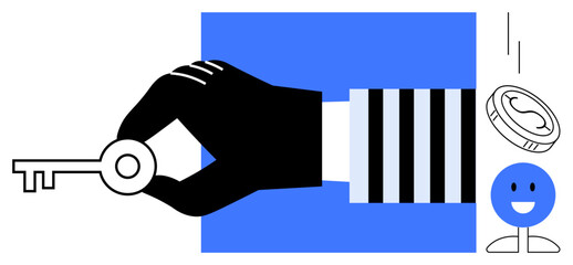 Hand holding key next to coin and smiling figure, representing financial opportunity, access, success, leadership, investment, empowerment, and growth. Ideal for simple flat metaphor