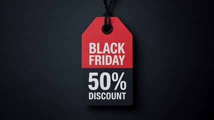 Bold black friday sale tag featuring fifty percent discount offer against a dark textured background with spotlight effect