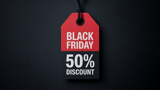 Bold black friday sale tag featuring fifty percent discount offer against a dark textured background with spotlight effect