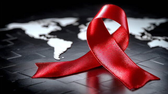 Red ribbon on world map background for global awareness