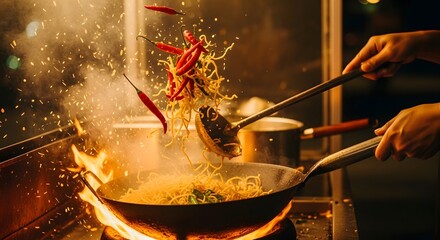 Chef tossing noodles and vegetables in a flaming wok at night