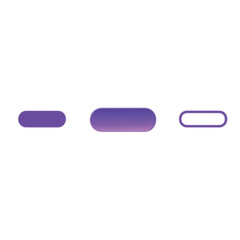 Three purple pill-shaped buttons with rounded edges, varying in size and style, isolated on white.