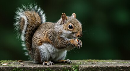 A squirrel enjoys a snack on a mossy ledge with a dark green background, looking content.