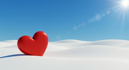 Vibrant red heart rests on pristine white dunes beneath a clear, sunny, blue sky.