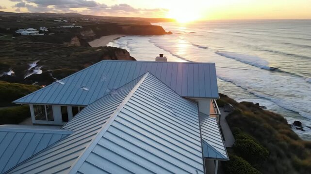 Coastal Home with Metal Roof at Sunset - An aerial shot shows a home with a standing seam metal roof near a coastal cliff at sunset. Waves crash against the beach below, and birds fly near the house.