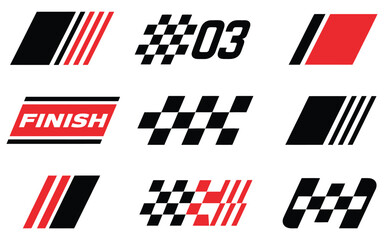 Vector graphic set of auto racing sport symbols, stripes and finish flags