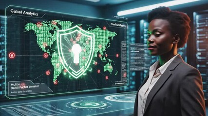Financial Cybersecurity Strategy with Advanced Encryption - This stock video shows a cybersecurity expert analyzing a world map with data encryption and fraud analytics. - Powered by Adobe