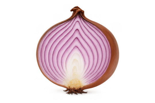 Red onion half showing raw purple layers and white core, fresh vegetable ingredient on transparent background