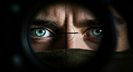 Close-up shot of focused eyes peering through crosshairs, evoking precision and intensity.