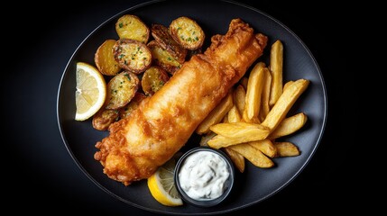 Crispy Fish Fillet with Golden Chips and Seasoned Potatoes Served with Lemon and Tartar Sauce on Black Background
