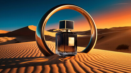 Luxury perfume bottle centered in desert landscape at sunset