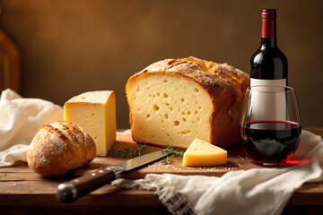 Artisan Bread Cheese and Wine Rustic Still Life Food Photography
