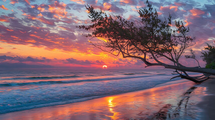 Vibrant sunset over a tranquil ocean beach with a lone tree silhouette