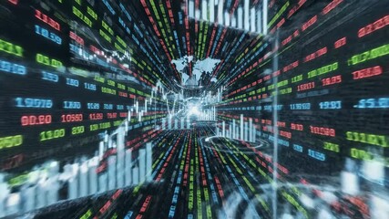 Digital Financial Data Visualization - This video features a dynamic visualization of financial data with digital charts and a world map, suggesting global market analysis. - Powered by Adobe