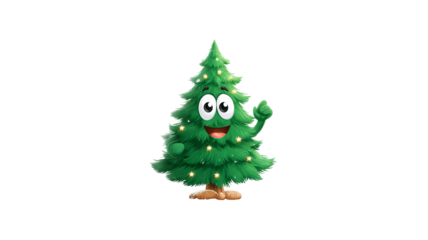 Funny cartoon Christmas tree character with smiling face and decorations isolated on transparent background high resolution PNG vector illustration for festive holiday design