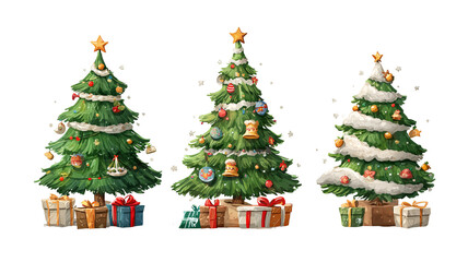 Fototapeta premium Funny cartoon Christmas tree character with smiling face and decorations isolated on transparent background high resolution PNG vector illustration for festive holiday design
