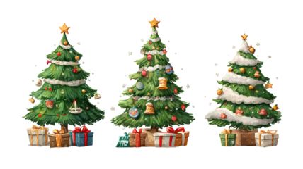 Funny cartoon Christmas tree character with smiling face and decorations isolated on transparent background high resolution PNG vector illustration for festive holiday design