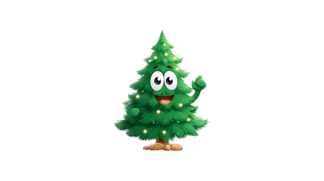 Funny cartoon Christmas tree character with smiling face and decorations isolated on transparent background high resolution PNG vector illustration for festive holiday design